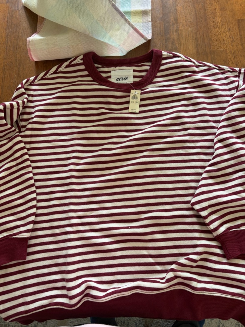 Aerie Maroon and White Striped Crewneck Sweater